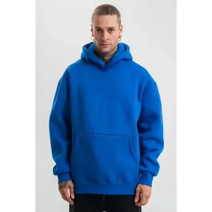 Erkek Oversize 3 İplik Pamuklu Kapüşonlu Kanguru Cepli Hoodie Sweatshirt - Saks Mavisi