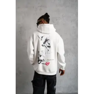 Erkek 3 İplik Pamuklu Kapüşonlu Baskılı Cepli Oversize Sweatshirt Hoodie - Beyaz