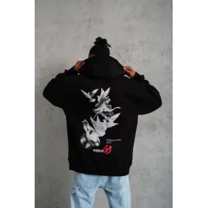 Erkek 3 İplik Pamuklu Kapüşonlu Baskılı Cepli Oversize Sweatshirt Hoodie - Siyah
