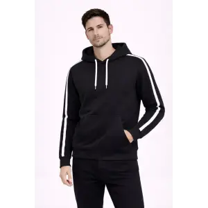 Erkek Şeritli Kapüşonlu Sweatshirt Oversize 3 iplik Pamuklu Hoodei - Siyah