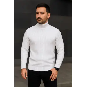 Erkek Tam Boğazlı Balıkçı Yaka Triko Kazak Kalın Fitilli - Beyaz