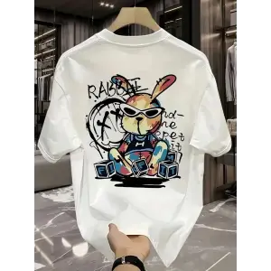 Erkek T-shirt Tavşan Baskılı Kısa Kollu Tişört - Beyaz