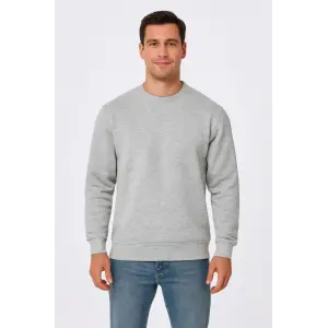 Erkek 3 İplik Pamuklu Düz Bisiklet Yaka SweatShirt - Gri