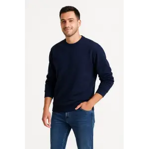 Erkek 3 İplik Pamuklu Düz Bisiklet Yaka SweatShirt - Lacivert