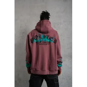Erkek 3 İplik içi Pamuklu Alev Baskılı Kapüşonlu hoodie Sweatshirt - Gül Kurusu
