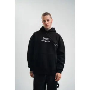 Erkek 3 İplik Pamuklu Kapüşonlu Baskılı Cepli Oversize Sweatshirt Hoodie - Siyah