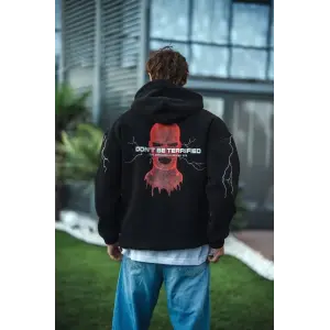 Erkek Kapüşonlu Kanguru Cepli Sweatshirt 3 İplik Pamuklu Baskılı Hoodie -  Siyah