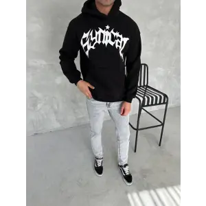Erkek 3 İplik Pamuklu Kapüşonlu Baskılı Cepli Oversize Sweatshirt Hoodie - Siyah