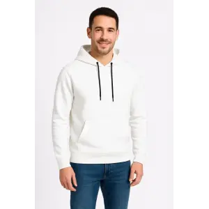 Erkek 3 İplik Pamuklu Kapüşonlu Kanguru Cepli SweatShirt hoodie - Beyaz