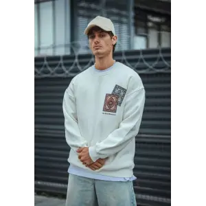 Erkek 3 iplik pamuklu Bisiklet Yaka Baskılı SweatShirt - Beyaz