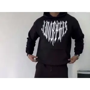 Erkek Kapüşonlu Kanguru Cepli Sweatshirt 3 İplik Pamuklu Baskılı Hoodie -  Siyah