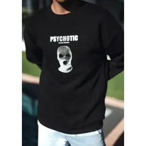 Erkek 3 iplik pamuklu Kışlık Bisiklet Yaka Baskılı SweatShirt - Siyah