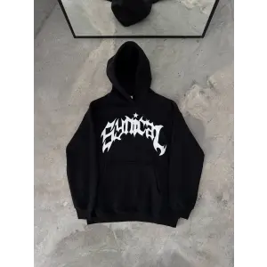 Erkek Kapüşonlu Kanguru Cepli Sweatshirt 3 İplik Pamuklu Baskılı Hoodie - Siyah
