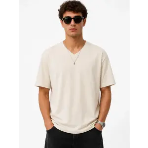 Erkek V Yaka Basic Tişört Kısa Kol Yazlık Regular Fit T-Shirt - Bej