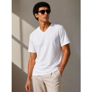 Erkek V Yaka Basic Tişört Kısa Kol Yazlık Regular Fit T-Shirt - Beyaz
