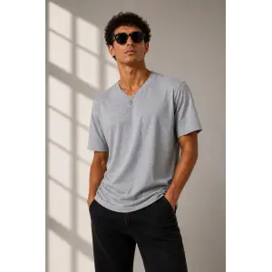 Erkek V Yaka Basic Tişört Kısa Kol Yazlık Regular Fit T-Shirt - Gri