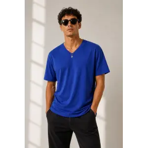 Erkek V Yaka Basic Tişört Kısa Kol Yazlık Regular Fit T-Shirt - Saks Mavisi