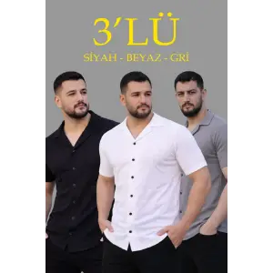 Erkek Waffle Kumaş Yazlık Yakalı Kısa Kol Düğmeli Gömlek 3’lü Set Siyah-Beyaz-Gri