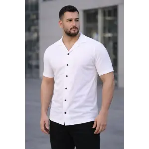 Erkek Waffle Kumaş Kısa Kollu Düğmeli Açık Yaka Regular Fit Gömlek - Beyaz