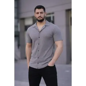 Erkek Waffle Kumaş Kısa Kollu Düğmeli Açık Yaka Regular Fit Gömlek - Gri