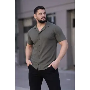Erkek Waffle Kumaş Kısa Kollu Düğmeli Açık Yaka Regular Fit Gömlek - Haki