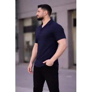Erkek Waffle Kumaş Kısa Kollu Düğmeli Açık Yaka Regular Fit Gömlek - Lacivert