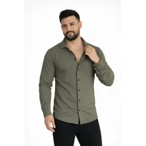 Erkek Waffle Kumaş Uzun Kollu Düğmeli Açık Yaka Regular Fit Gömlek - Haki