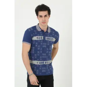 Erkek Polo Yaka tişört Slim Fit Baskılı Kısa kol T-Shirt - Mavi