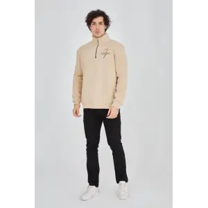 Erkek Yarım Fermuarlı Baskılı 3 iplik pamuklu sweatshirt - Bej