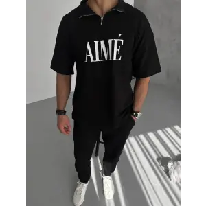 ERKEK Tişört Yakalı Yarım Fermuarlı  Kısa Kol Baskılı T-Shirt - Siyah