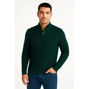 Erkek Yarım Fermuarlı Triko Kazak Selanik Örgü Dik Yaka Pamuklu Dokuma Regular Fit - Haki