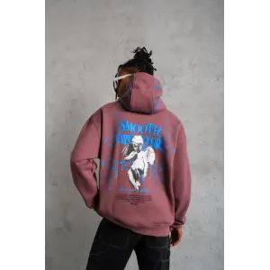 Erkek 3 İplik Pamuklu Kapüşonlu Baskılı Cepli Sweatshirt Hoodie - Gül Kurusu