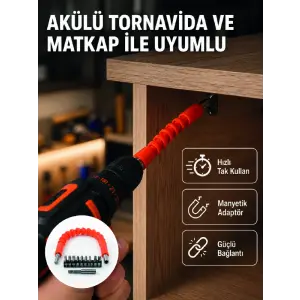Esnek Bits Uç Seti 12 Parça Manyetik Adaptörlü Matkap Tornavida Aksesuarı