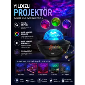 Galaxy Efektli LED Gece Lambası Projektörü Bluetooth Bağlantılı