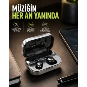 Gerçek Kablosuz Kulaklık – Bluetooth 5.0, Şarj Kutulu, Parmak İzi Kontrollü