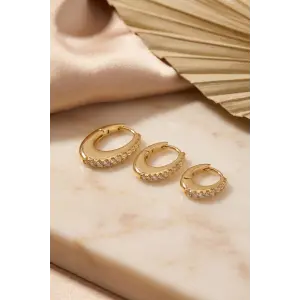 Gold Renk Oval Halka Model Zirkon Taşlı 3 lü Küpe Set