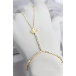Gold Renk Pirinç Lazerli Yonca Model Zirkon Taşlı Şahmeran