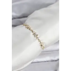 Gold Renk Yonca Model Zirkon Taşlı Asansörlü Kadın Bileklik