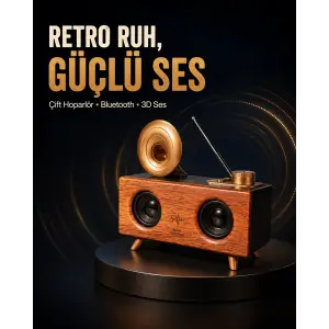 Gramafon Tasarımlı Bluetooth Hoparlör 3D Ses Teknolojili Çok Fonksiyonlu