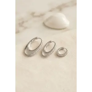 Gümüş Renk Oval Halka Model Zirkon Taşlı 3 lü Küpe Set