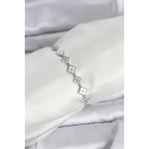 Gümüş Renk Zirkon Taşlı Sıralı Yonca Model Asansörlü Kadın Bileklik