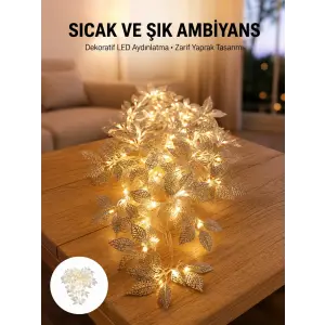 Gümüş Yaprak Tasarımlı LED Işık Pilli Ev ve Vitrin Dekoru