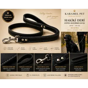 Hakiki Deri Köpek Gezdirme Kayışı Siyah 100 cm Yumuşak Doulu Tutma Saplı