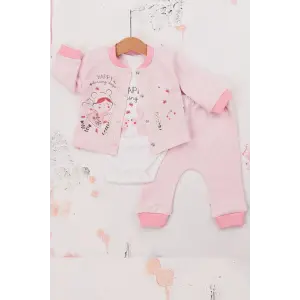Happy Dancing Desenli 3lü Hırkalı Kız Bebek Takım