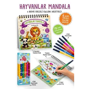 Hayvanlar Mandala - 6 Renk Keçeli Kalem ve 75 Adet Çıkartma Hediyeli 3+