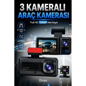 HD 3 Kameralı Araç Kamerası Ön Arka İç Kayıt Gece Görüşlü G Sensörlü Geniş Açılı