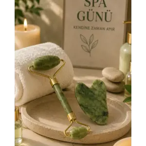Jade Stone Yüz Bakım Seti Gua Sha ve Roller Masaj Taşı