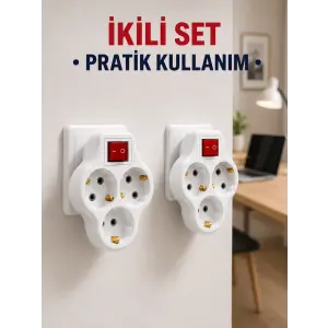 Kablosuz 3’lü Priz Çoklayıcı Açma Kapama Anahtarlı Duvar Tipi 2 Adet Set