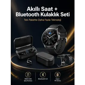 Kablosuz Bluetooth Kulaklık ve Kordon Hediyeli Akıllı Saat Nabız Ölçer Uzun Pil Ömrü
