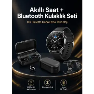 Kablosuz Bluetooth Kulaklık ve Kordon Hediyeli Akıllı Saat Nabız Ölçer Uzun Pil Ömrü
